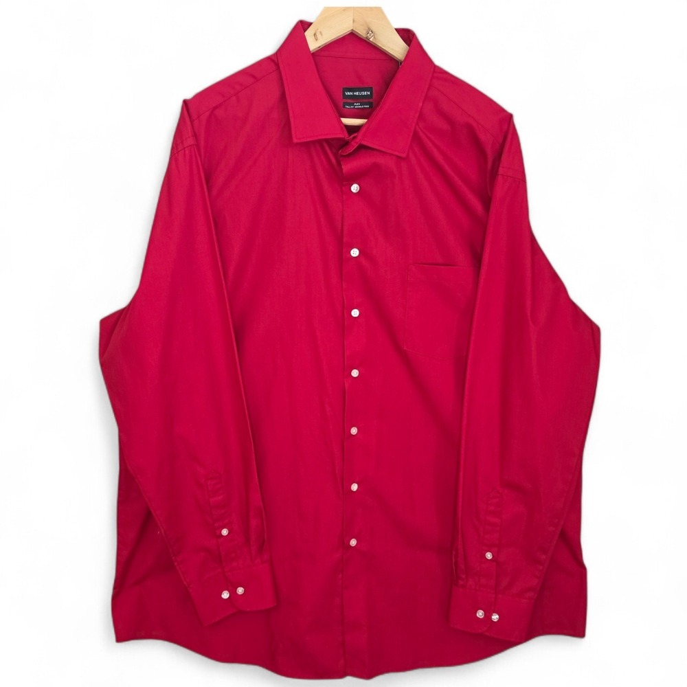 Van Heusen Dress Shirt Mens 19 36/37 Red Button Flex Tall Fit Wrinkle Free